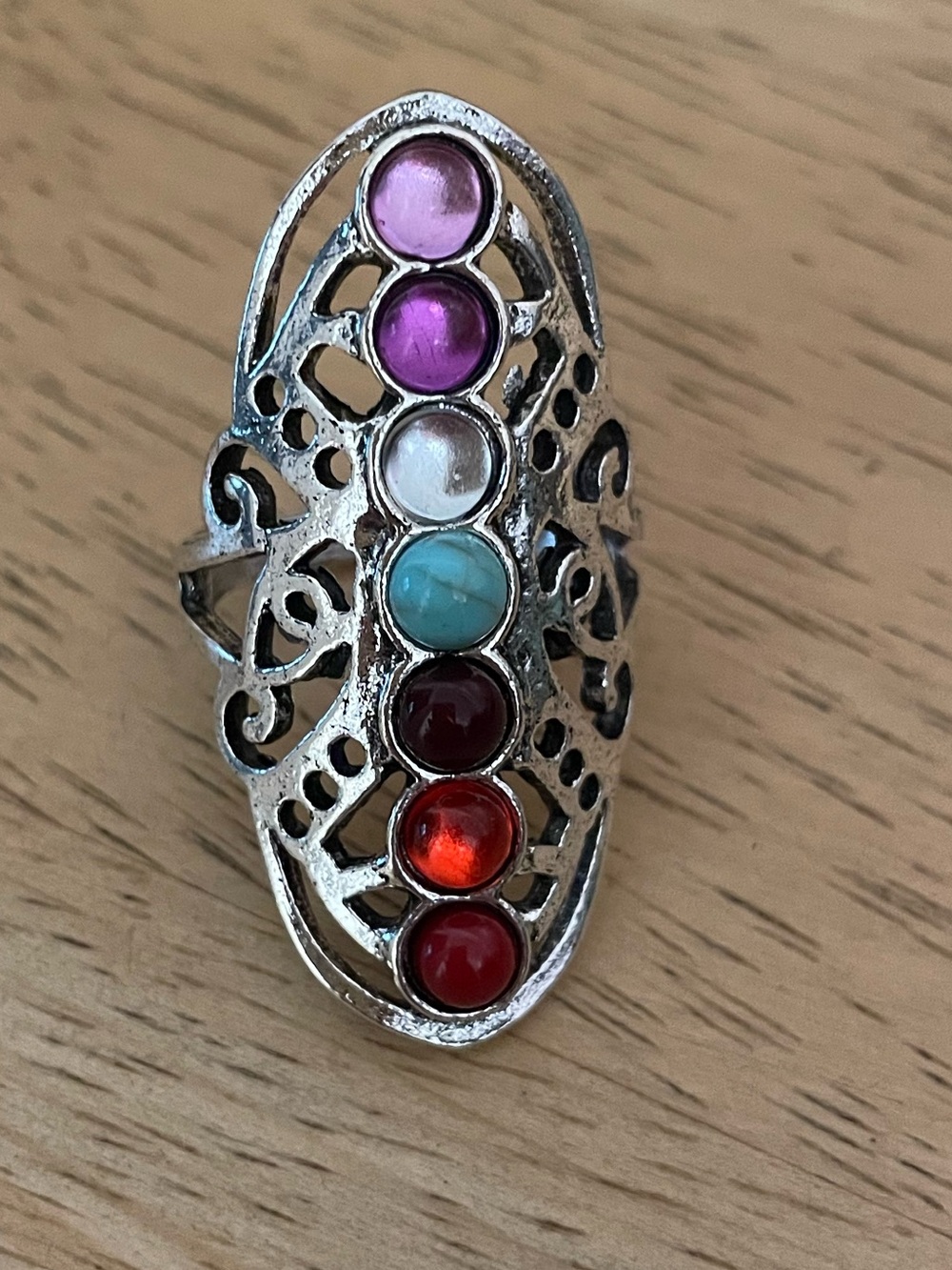 Vintage bohemian chakra multi-stone adjustable silver statement ring